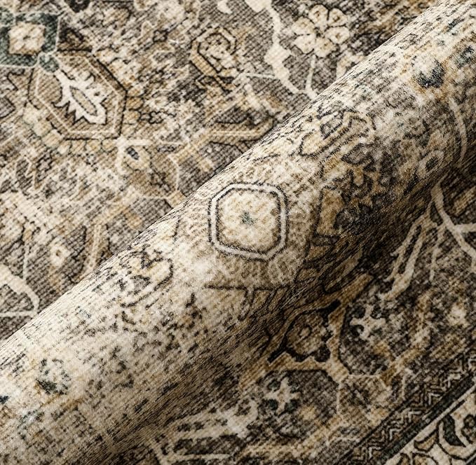 Brown Round Area Rug 5ft Washable 5x5 Circle Vintage Low Pile Indoor Kitchen Living Room Carpet Non Slip Traditional Distressed Retro Accent Throw Rug Office Dining Room Bathroom