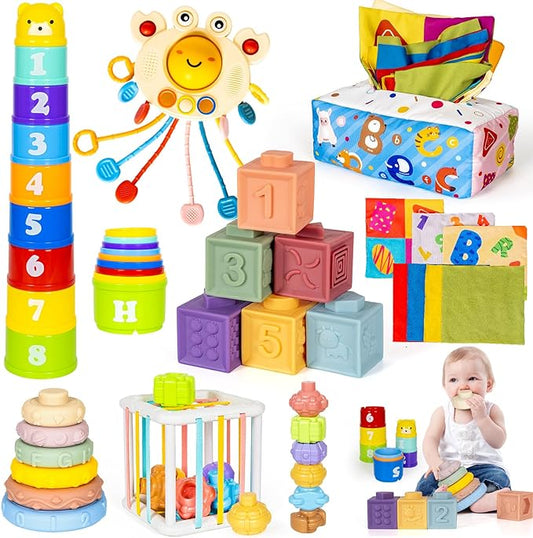 6 in 1 Montessori Toys for Babies 6–12 Months Stacking Block Soft Infant Ring Shape Learning Sensory Bin Pull String Teething Toy Tissue Box for Toddlers 1 2 3 Year Old Boy Girl Gift