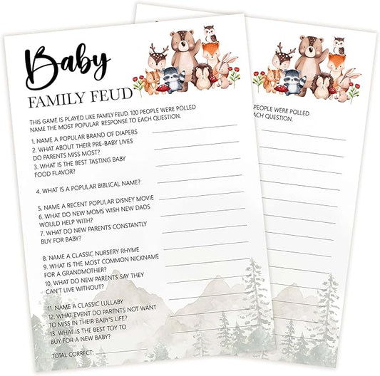 Baby Shower Games for Girl, 30 Safari Animals Baby Family Feud Game Cards + 1 Answer Card, Woodland Gender Reveal Party Decorations Supplies Favors - C06