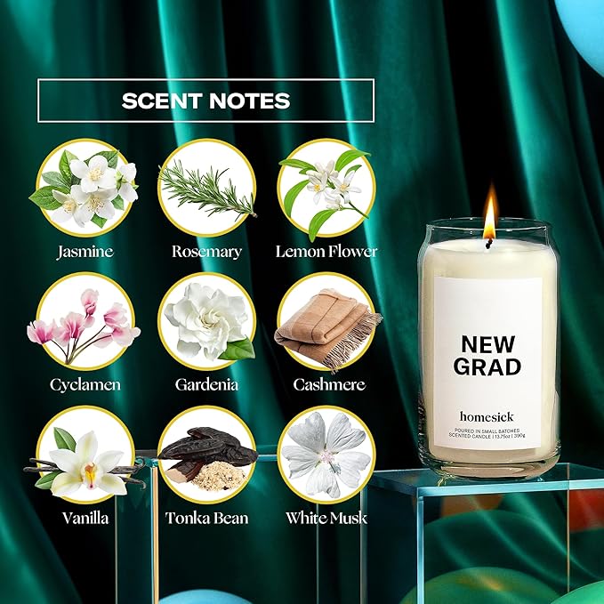 Homesick Scented Candles for Home (New Grad) - 13.75 oz Long-Lasting Soy Wax Jar Candle for Women & Men for All Occasions, 60-80 Hours Burn Time - Notes of Jasmine, Rosemary, Gardenia & Vanilla