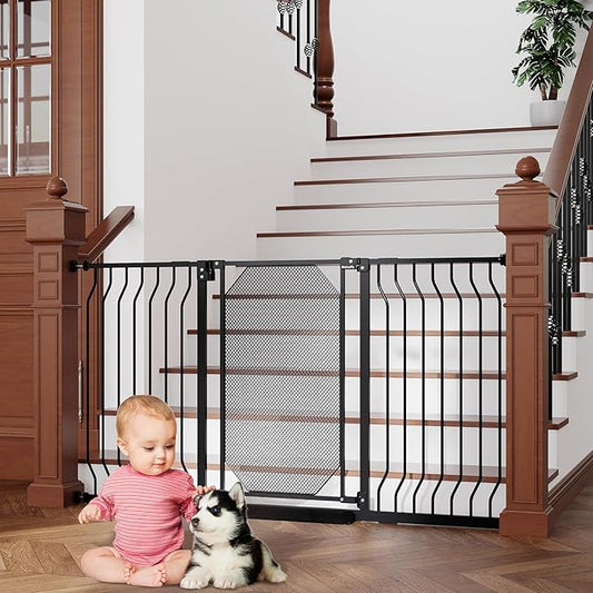 29.5"-60.5" Extra Wide Metal Mesh Baby Gate for Stairs & Hallways - Auto Close, Pressure Mounted 30.5" Tall, Easy Install, No Drilling - Door Gate for Doorways, Safety Gate for Babies and Pets, Black
