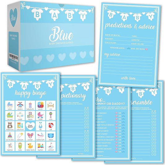 Party Hearty Baby Shower Games for Boy, 250 pcs Blue 5 Games Activities Cards, Funny Baby Shower Games, Baby Shower Ideas