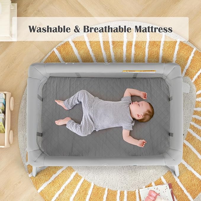 INFANS Travel Crib, Portable Baby Playpen with Removable Bassinet Soft Mattress Carry Bag, Foldable Lightweight Playard Nursery Center for Newborns Toddlers (Light Gray)