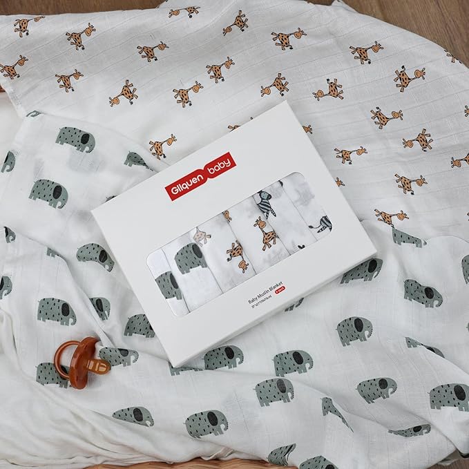 GLLQUEN BABY Receiving Blanket Boy Cotton Muslin Swaddle Blankets Girl Newborn Squares Breathable & Soft Thin Baby Blankets Cloths Double Absorbent Infant Swaddling Wrap - 6 Pack (Giraffe)