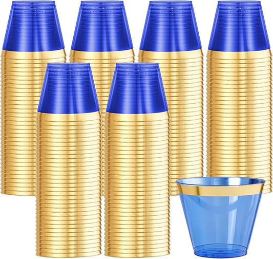 supernal 100 Pcs Blue Plastic Cups, 9oz Blue Disposable Cups with Gold Rim, Plastic Wine Cocktail Glasses Perfect for Party, Wedding and Birthday, Cute Cocktail Party Cup Disposable Wine Glasses