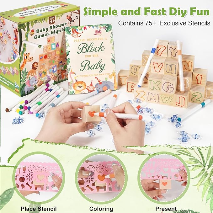 115 Pcs Baby Shower Games Sign Kit, Baby Shower Blocks to Decorate with 48 Wooden Blocks 50 Acrylic Baby Pacifiers 75 Stencils 24 Acrylic Paint Marker, Suitable for Gender Reveal Game