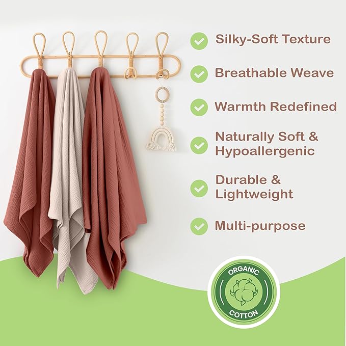 Organic Cotton Muslin Baby Blanket - 47x47 Inch Breathable Swaddle, Hypoallergenic Double-Layer, Versatile Use (Rust/Ivory, 47x47 Inch)