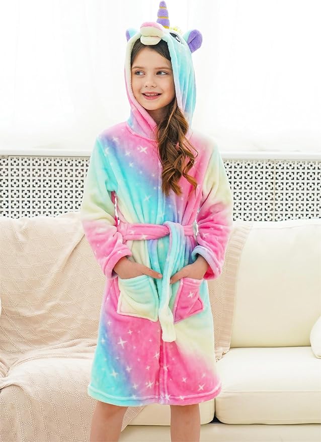 Doctor Unicorn Girls Fleece Hooded Robe Toddler Warm Fuzzy Bathrobe