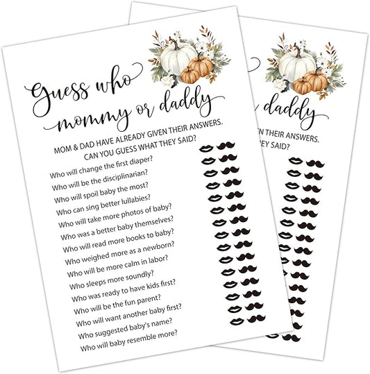 Fall Baby Shower Games, Find Who Mommy Or Daddy Themed Gender Reveal Party Game, Fall Festival Games Cards With Pumpkin Design, Boho Baby Shower Games, Thanksgiving Party Supplies -04