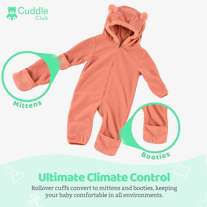 Cuddle Club Fleece Baby Bunting Bodysuit with Hood, Convertible Mittens & Booties, Car Seat Friendly, Soft & Warm, Easy Zip