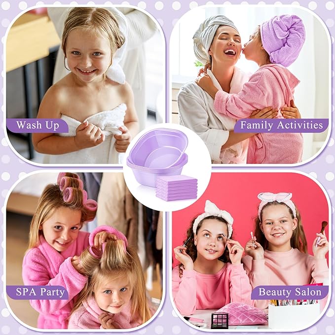 Patelai 6 Sets Kids Foot Spa Kit for Girl 12 x 12 x 4.3 Inch Foot Tub 14 x 30 Inch Hand Towels Washbasin Towels for Spa Party Sleepover Party Supplies (Light Purple)