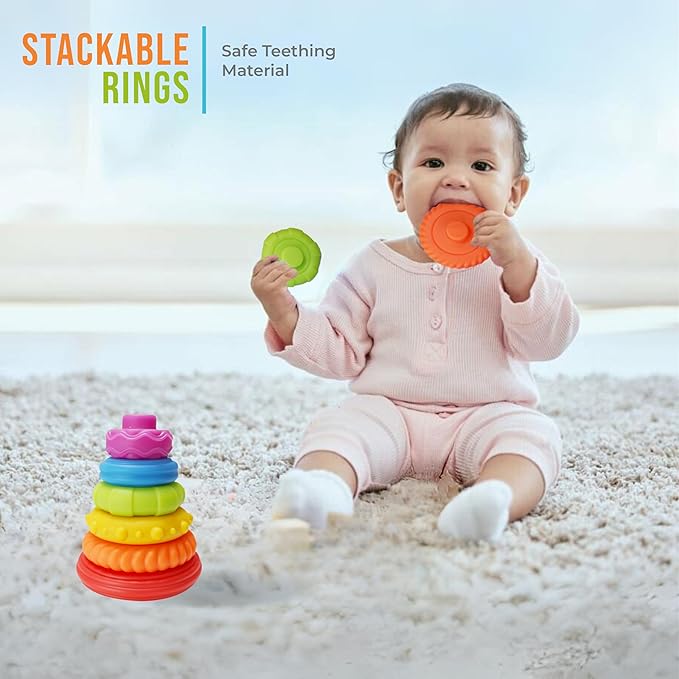 Montessori Silicone Teething Toys for Babies 6 Months + Sensory Developmental Educational Baby Toys Infants & Toddlers - Building Blocks, Stacking Rings, Sensory Balls - (24 Pieces)