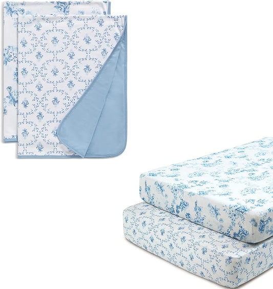 Delta Children 100% Organic Cotton Fitted Crib Sheets, Blue Botanicals + 100% Organic Jersey Cotton Baby Receiving Blankets – 30x40 Inches - GOTS Certified (Pack of 2) (Bundle)