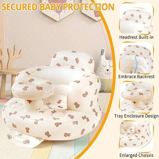 Inflatable Baby Seat with Tray, Comfortable Sit Me Up Baby Chair for Learning to Sit, Built in Air Pump Blow Up Floor Seat with Back Support 3 Months & Up (Biscuit Bear with Tray)
