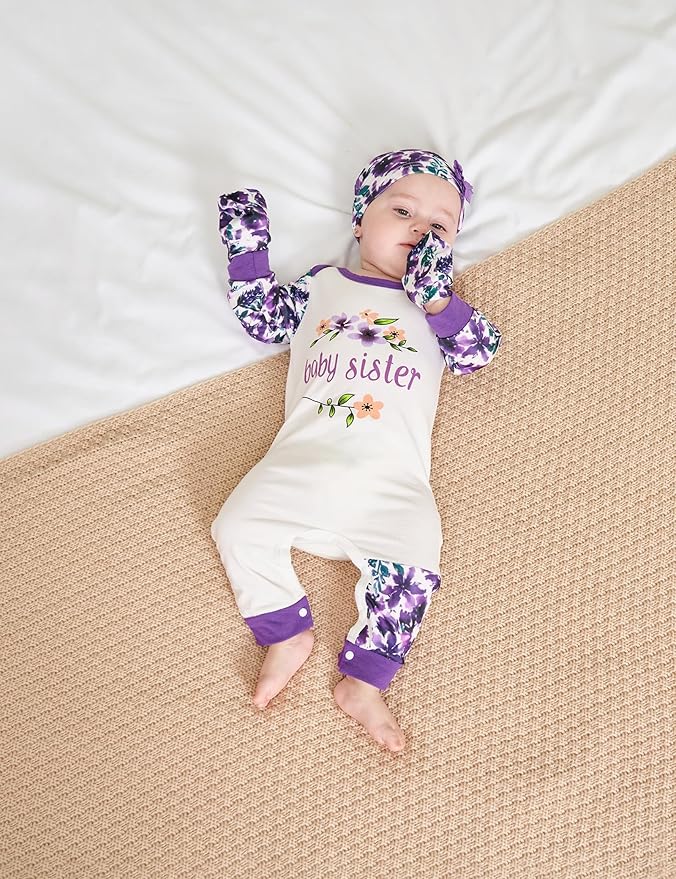 Baby Girl Clothes Patter&Letter Baby Girl Romper with Bow Hat&Headband and Gloves 4Pcs Baby Girl Coming Home Outfit