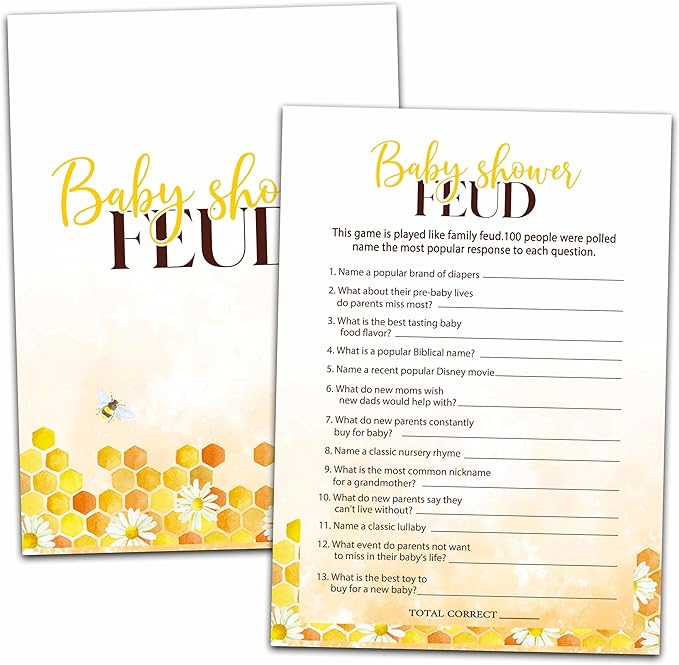 Baby Shower Party Games, Baby Shower Feud Game, 25 Honey Bee Gender Reveal Party Games Cards (5" X 7"), Bumble Bee Baby Shower Supplies Decorations -02