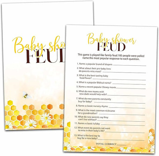 Baby Shower Party Games, Baby Shower Feud Game, 25 Honey Bee Gender Reveal Party Games Cards (5" X 7"), Bumble Bee Baby Shower Supplies Decorations -02