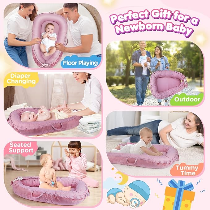 Baby Lounger - Baby Lounger for Newborn 0-24 Months, Breathable & Soft Cotton and Velvet Cover Baby Nest, Portable Cozy Infant Lounger for Home and Travel, Ideal Baby Essentials & Shower Gifts