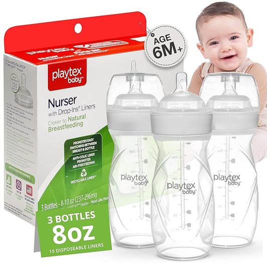 Playtex Baby Anti-Colic Nurser Bottle with Pre-Sterilized Disposable Drop-Ins Liners, 8 Oz Bottles (3 Count), Bottles for Newborn and Breastfeeding Babies, Feeding Essentials
