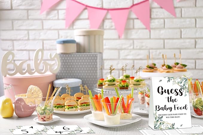 Baby Shower Game Set, Find The Baby Food Party Games(1 Standing Sign + 20 Answer Cards + 6 Number Cards), Neutral Greenery Shower Games, Eucalyptus Gender Reveal Party Favor Decor(A01)