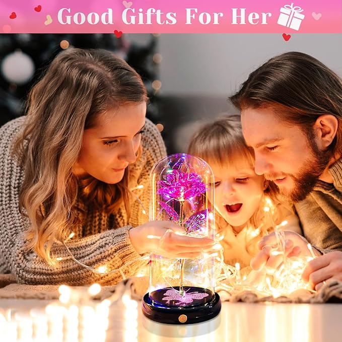 DEEMEI Birthday Gift for Women Pink Rose Eternal Flower USB Light Up Rose in Glass Dome Anniversary Flowers for Delivery Prime Mothers Day Presents Flowers Gifts for Her Grandma Girlfriend Wife