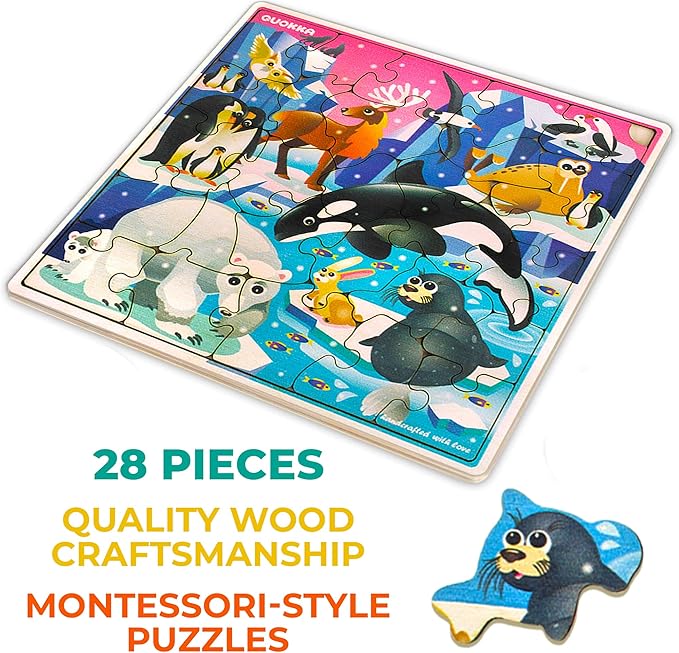 QUOKKA Wooden Polar Puzzles for Kids Ages 3-5 – 28 Pieces Toddlers Kids Puzzles Ages 4-8 Year Olds – Wood Polar Animal Toys for Children Games for Boys and Girls 6-8 yo