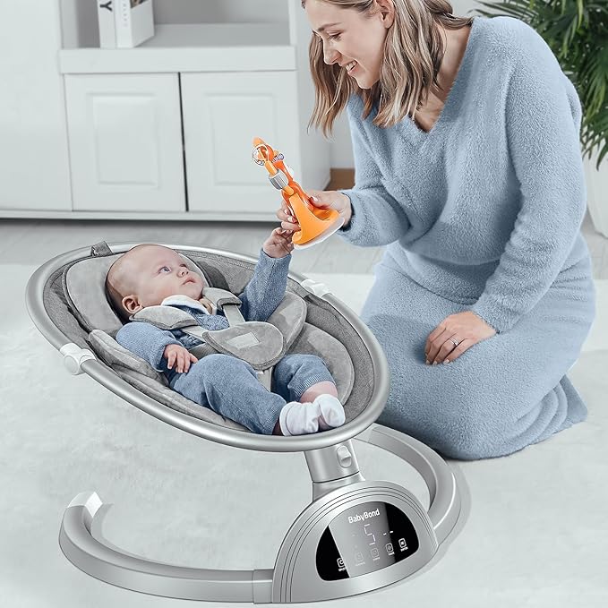 BabyBond Baby Swings for Infants, Bluetooth Infant Swing with Music Speaker, 3 Seat Positions, 5 Point Harness Belt, 5 Speeds and Remote Control - Portable Baby Swing for Indoor and Outdoor (Silver)