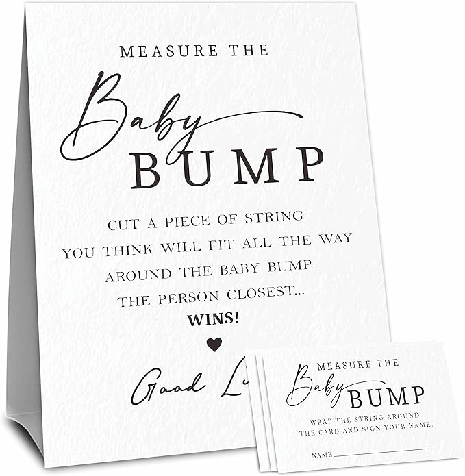Minimalism Baby Shower Measure The Baby Bump, Measure Mommy's Belly Game Set - 1 Self-Standing Sign And 50 Tickets - Gender Reveal, Baby Shower, Baby Announcement Activity & Party Favor Supplies - A06