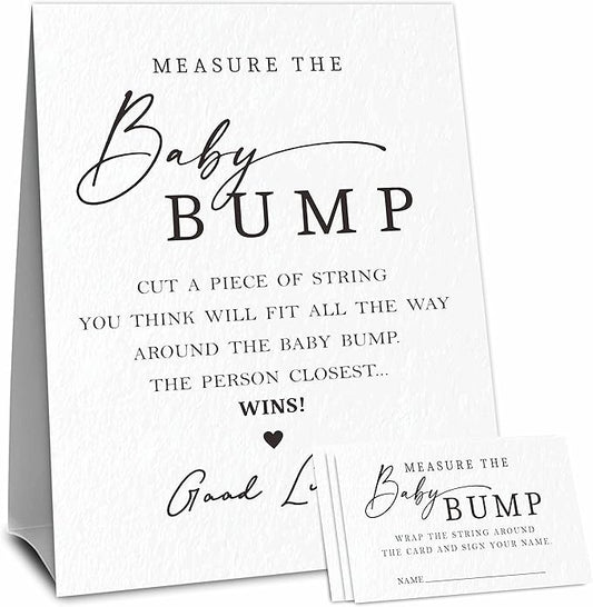 Minimalism Baby Shower Measure The Baby Bump, Measure Mommy's Belly Game Set - 1 Self-Standing Sign And 50 Tickets - Gender Reveal, Baby Shower, Baby Announcement Activity & Party Favor Supplies - A06