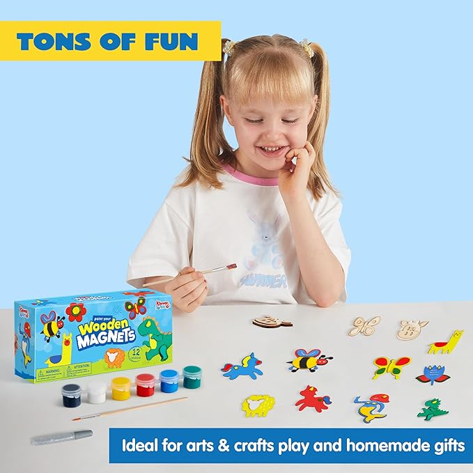 JOYIN 12 Wooden Magnet Creativity Arts & Crafts Painting Kit for Kids, Decorate Your Own Painting Gift for Easter Basket Stuffers, Birthday Parties and Family Crafts, Party Favors for Boys Girls