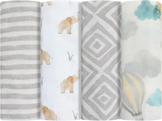Featherhead™ 4-Pack 100% Cotton Muslin Swaddle Blankets for Baby Girl - Large 47”x 47” - Pre-Washed, Soft, & Breathable - Newborn Essential & Perfect Baby Registry Gift (4 Pack - Elephant)