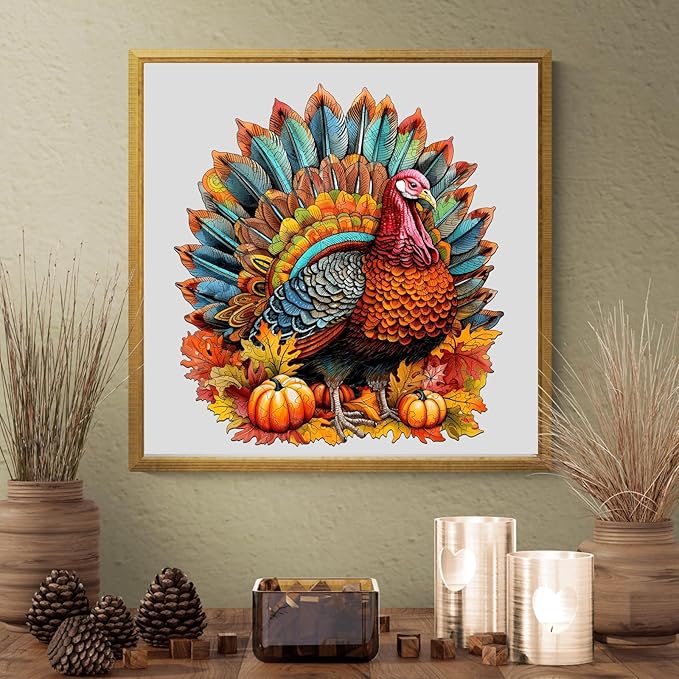 WOODBESTS Wooden Puzzle for Adults, Colorful Turkey Puzzle (M, 200pcs, 11.4"x10.3") Beautiful Wooden Box, Wooden Jigsaw Puzzles Unique Shape, Thanksgiving Gifts for Adults and Kids Family Game