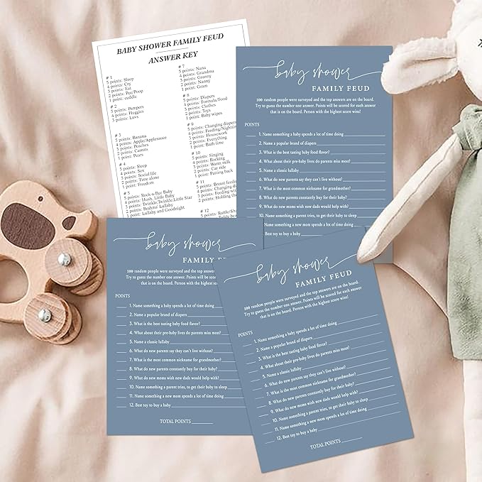 Baby Shower Family Feud Game - 30 Cards, Answer Key for Boy & Girl, Gender Neutral Decorations, Feud Supplies-06D-Mazarine