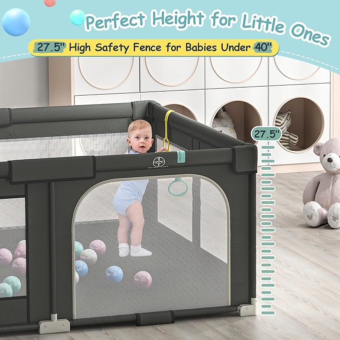 Foldable Playpen for Babies and Toddlers, 72" x 59" Extra Large Collapsible Play Pen with Basket, 4 Handlers & 50 Ocean Balls, Portable Travel Play Yard with Carry Bag, No Installation, Grey