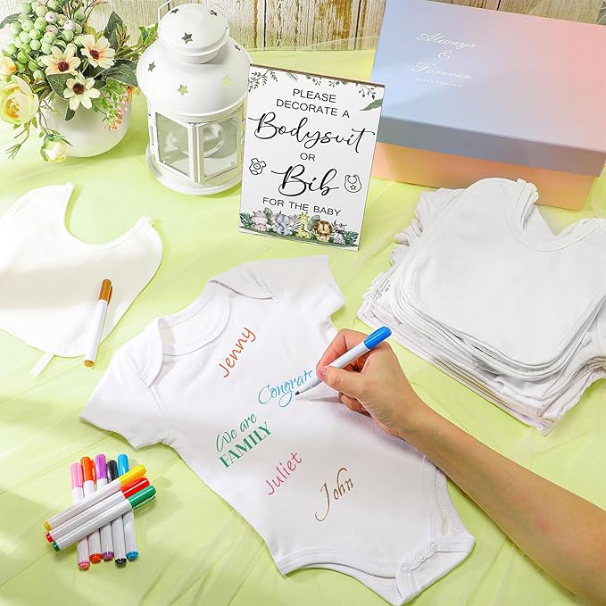 Roowest 35 Pcs Baby Shower Bibs Games Design Wooden Baby Shower Party Game Sign DIY Bodysuit Sign 15 White Blank Feeder Bibs 9 Newborn Bodysuit 10 Markers for Boys Girls(Jungle)