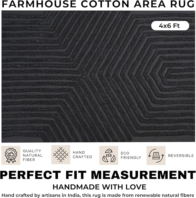 Boho Bathroom Rug 4' x 6', Washable Hand-Woven Tufted Cotton with Tassels, Farmhouse Kitchen Mat for Foyer, Bedroom, Back Door Décor - Dark Grey