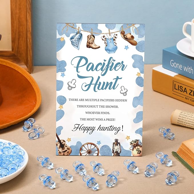 Thyle 51 Pcs Pacifier Hunt Baby Shower Games Include Hunt Sign and 50 Acrylic Pacifiers for Baby Shower Game Decoration Gift Sets Gender Reveal Party Decor(Cowboy)
