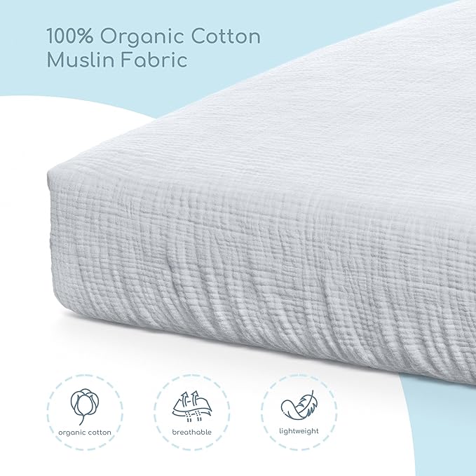 Muslin Crib Sheets, 100% Organic Cotton, Breathable and Ultra-Soft, Standard Crib Sheet Mattress (28"x 52") for Girls and Boys, Neutral Fitted Baby Crib Sheet (Light Grey)