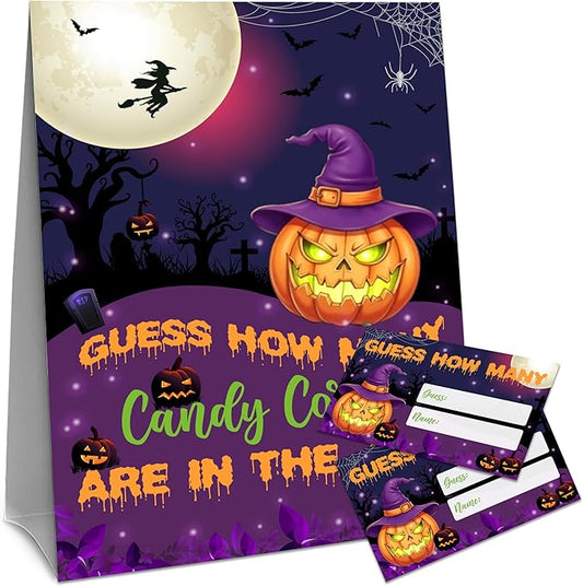 Halloween How Many Candy Corns Are In The Jar - 1 Standing Sign & 50 Guessing Cards - Halloween Pumpkin Party Game & Decoration For Boys, Girls, Adults - Baby Shower, Birthday Game Set - A08