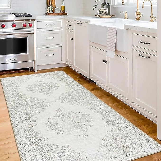 ReaLife Rugs Machine Washable Area Rug Runner - Living Room Bedroom Bathroom Kitchen Entryway Office - Padded Low Pile Stain Resistant Premium - Boho Farmhouse Vintage - Paige - Ivory 2'6" x 8'