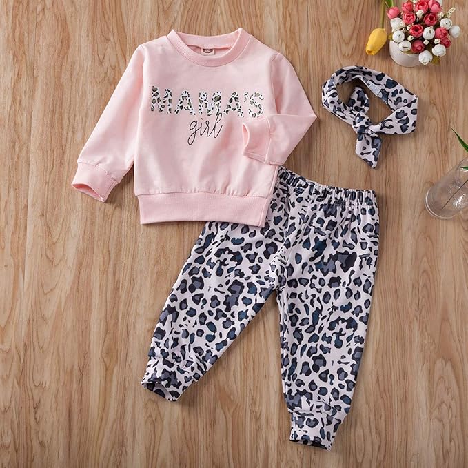 Madjtlqy Newborn Baby Girls Clothes Daddy Saying Top Printed T-Shirt Leopard Pants+Headband Sweatshirt Outfit Set