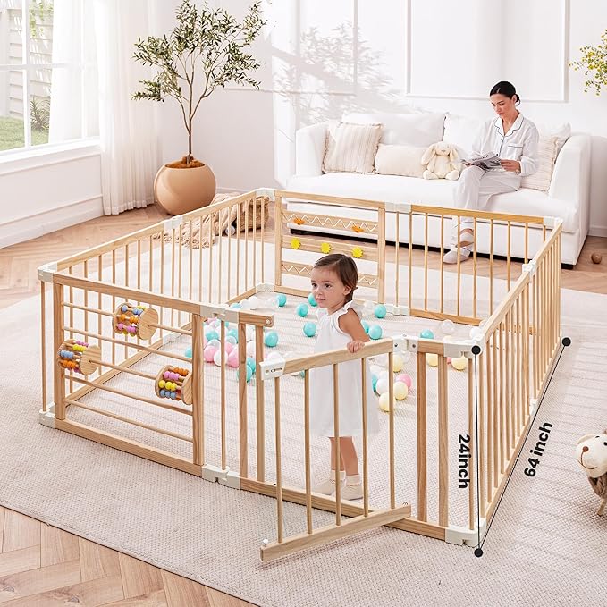 Wooden Playpen & Play Yards for Babies and Toddlers, 67 * 67inch Foldable Wood Baby Play Fence with Sensory Toys, Kids Activity Area Center Indoor Outdoor, Pinewood