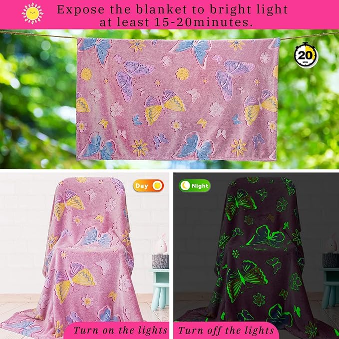 Glow in The Dark Blanket for Kids Girls, Fuzzy Cozy Warm Soft Throw Blanket for Couch Bed Sofa, Girl Toys Butterfly Blankets for Teens Grandkids Unique Birthday Gifts 60"×80"