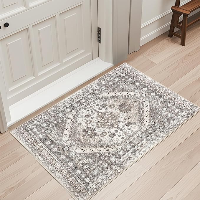 zesthome 2x3 Entryway Rug, Soft Washable Rugs, Non Slip Area Rug, Stain Resistant Low Pile Rugs for Bedroom, Vintage Rug for Door Mat, Kitchen (Brown/Beige,2'x3')