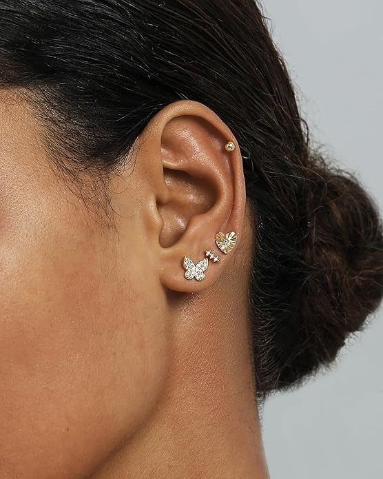 PAVOI 14K Gold Plated Dainty Flat Back Earrings for Women - Hypoallergenic Sterling Silver Posts Helix Cartilage Piercing Jewelry - Emoji Motif Bow Celestial Flatback Gold Stud Earrings Screw Back