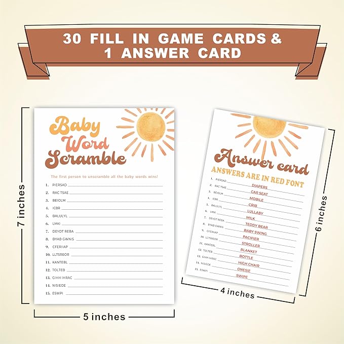 Baby Word Scramble Game Kits For Baby Shower - 30 Double-Sided Fill In Watercolor Sunshine Style Game Cards 1 Answer Card For Gender Reveal, Baby Announcement, Party Favor & Supplies - C09
