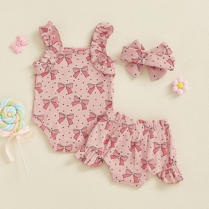 Kaipiclos Cherry Baby Outfit Newborn Infant Girl Clothes Rib Knit Romper & Shorts Waffled Baby Clothes for Girls 0 3 6 12 18M