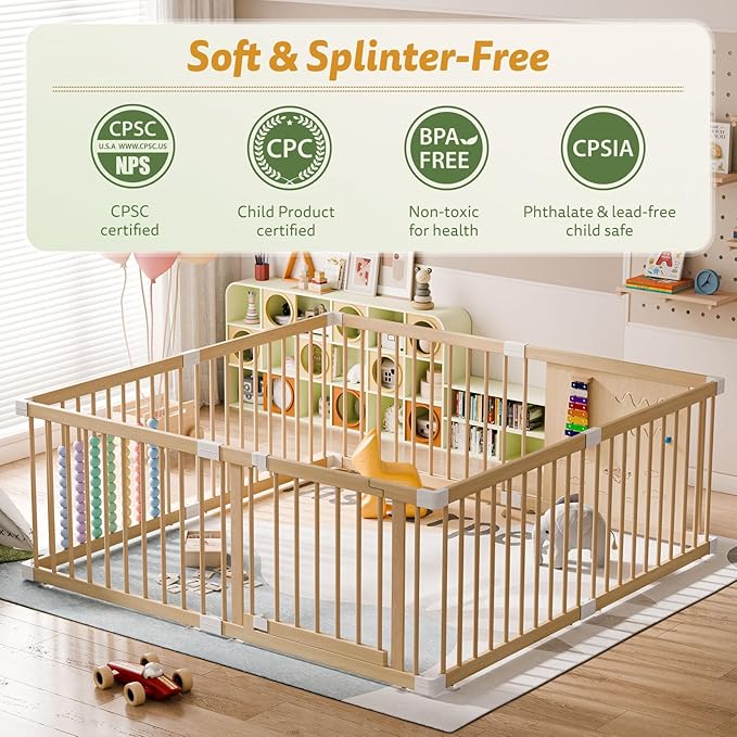 Large Wooden Baby Playpen for Babies and Toddlers, Adjustable Play Yard with Anti-Slip Base, Locking Gate & Easy Assembly, Indoor Kids Activity Center Safety Play Fence 63.5×63.5