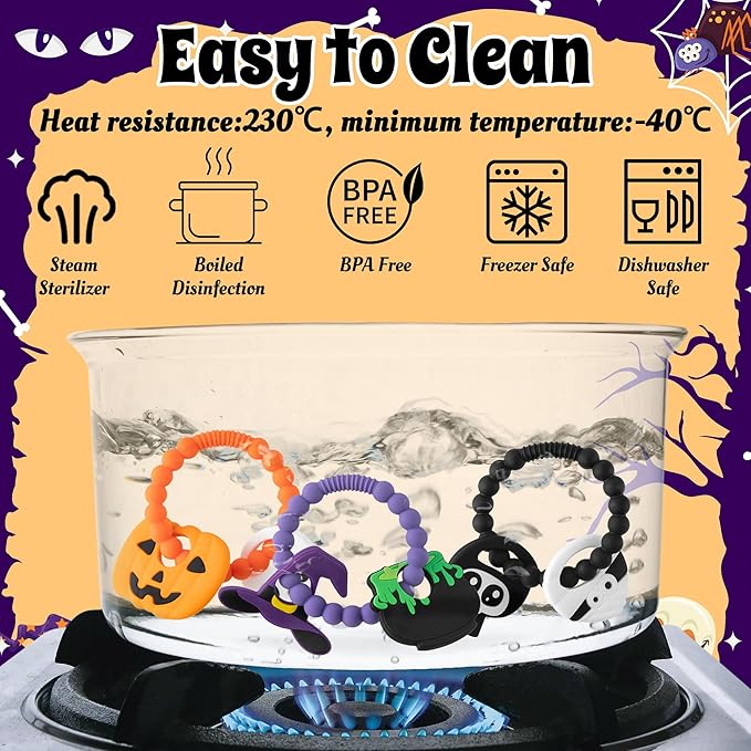 Silicone Teether Toys for Babies - 3Pcs Halloween Themed Teething Ring, Pumpkin Skull Baby Sensory Chew Toys with Rattles for Newborn Boy and Girl to Soothe Sore Gums, Baby Shower Birthday Gifts