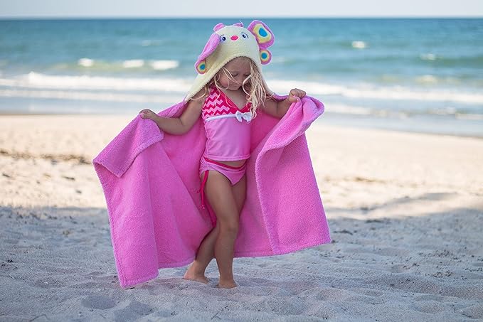 Hooded Baby Towel for Kids 2-8 | Large 100% Cotton Baby Towel for Girls | Cute Butterfly Bath Towels for Babies and Toddlers in Hot Pink and Yellow